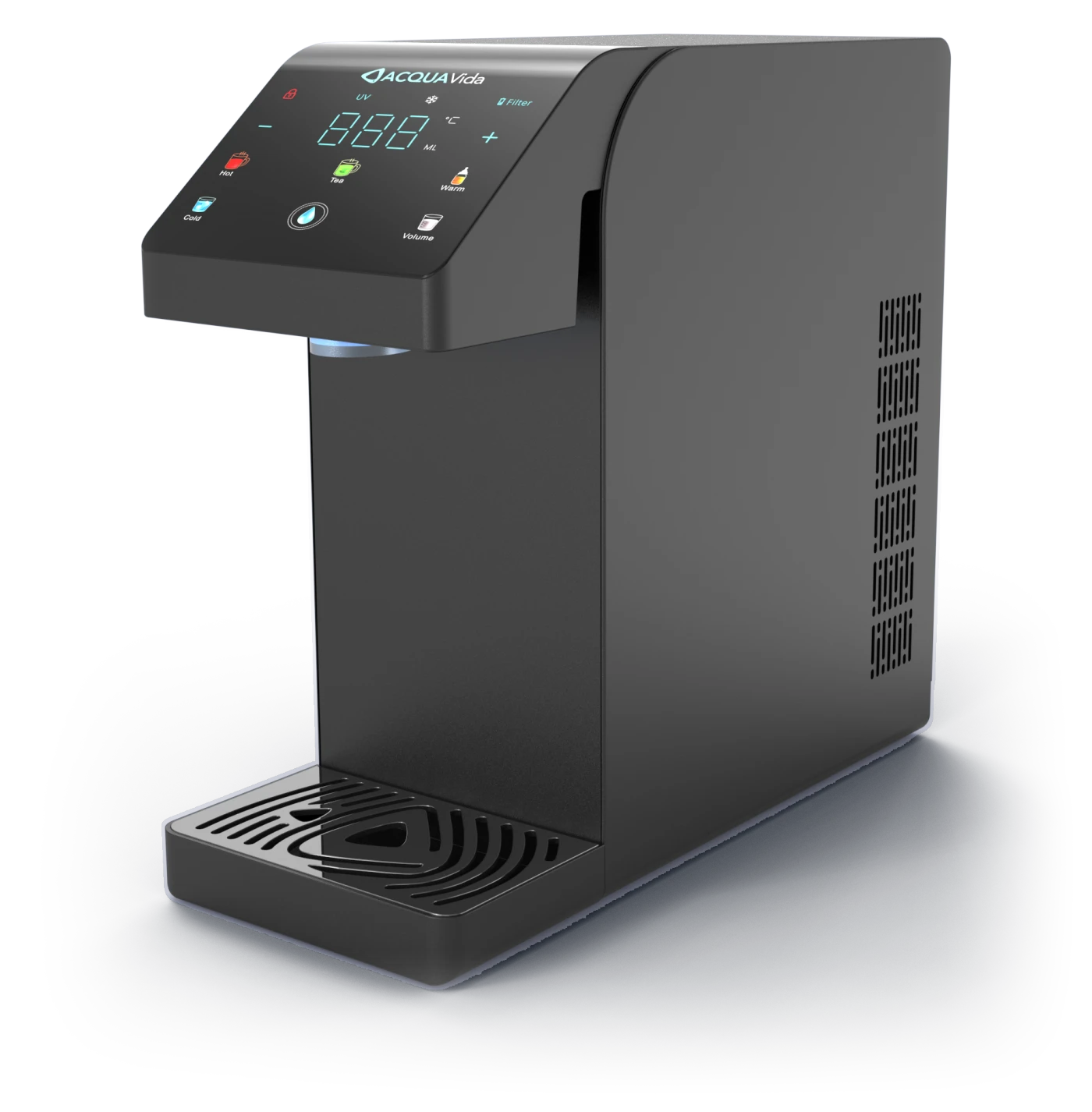 The LUNA smart water dispenser: a matte black column with a tilted, lit control panel, a cyan glow at the spout and a ribbed drip tray, seen from a three-quarter angle