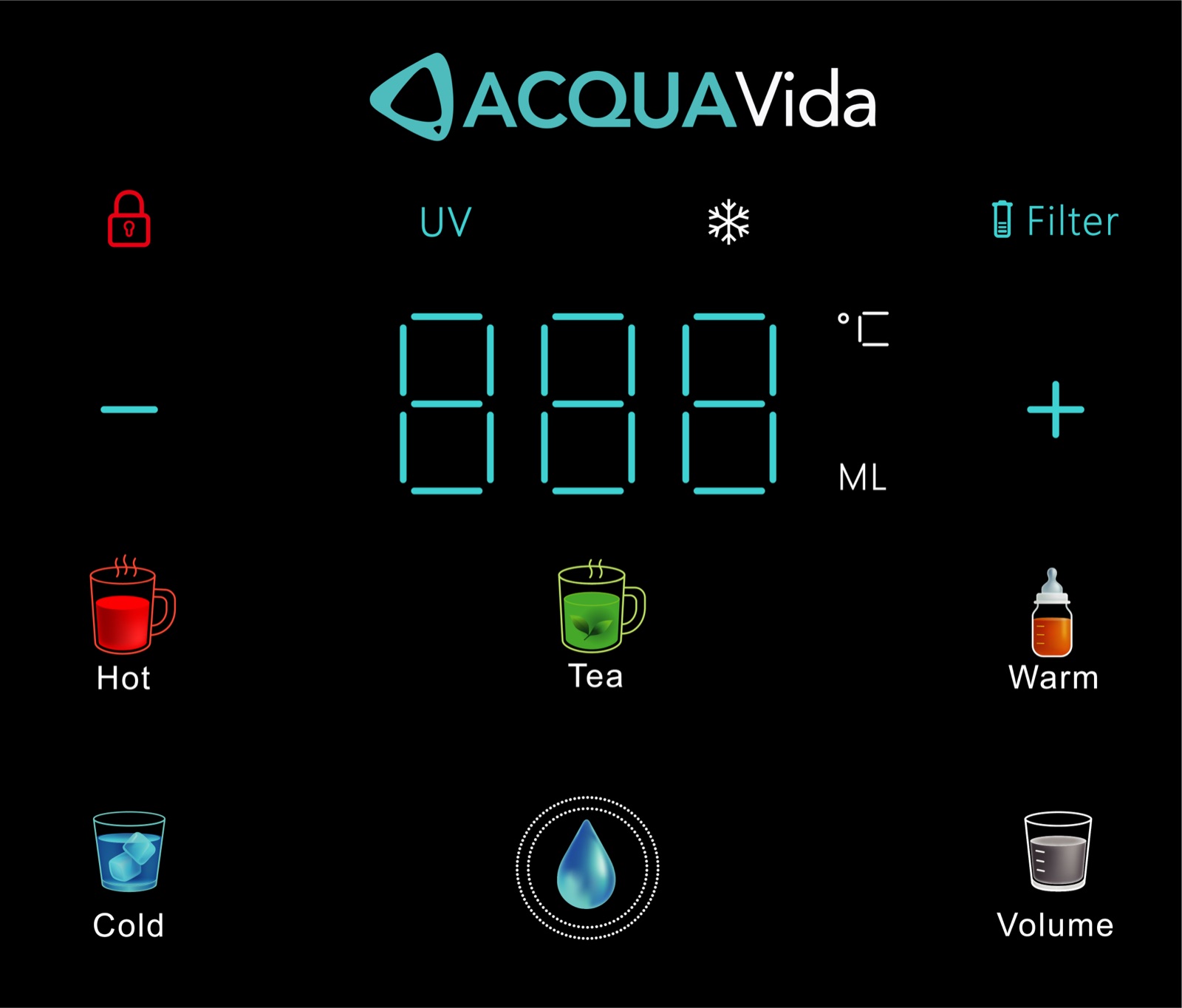 The LUNA control panel, lit: a red padlock for the child lock, UV and filter indicators, a temperature and volume readout, and buttons for Hot, Tea, Warm and Cold with a water-drop dispense button in the centre